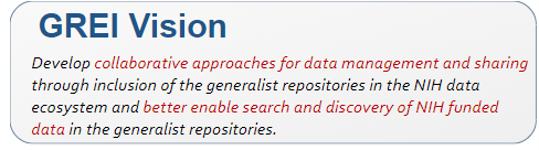 Image detailing the GREI Vision: Develop collaborative approaches for data management and sharing through inclusion of the generalist repositories in the NIH data ecosystem and better enable search and discovery of NIH funded data in the generalist repositories.