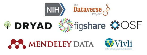 Logos and program identity images for NIH, The Dataverse Project, CRYAD, figshare, OSF, Mendeley Data, and Vivli (Center for Global Clinical Research Data).
