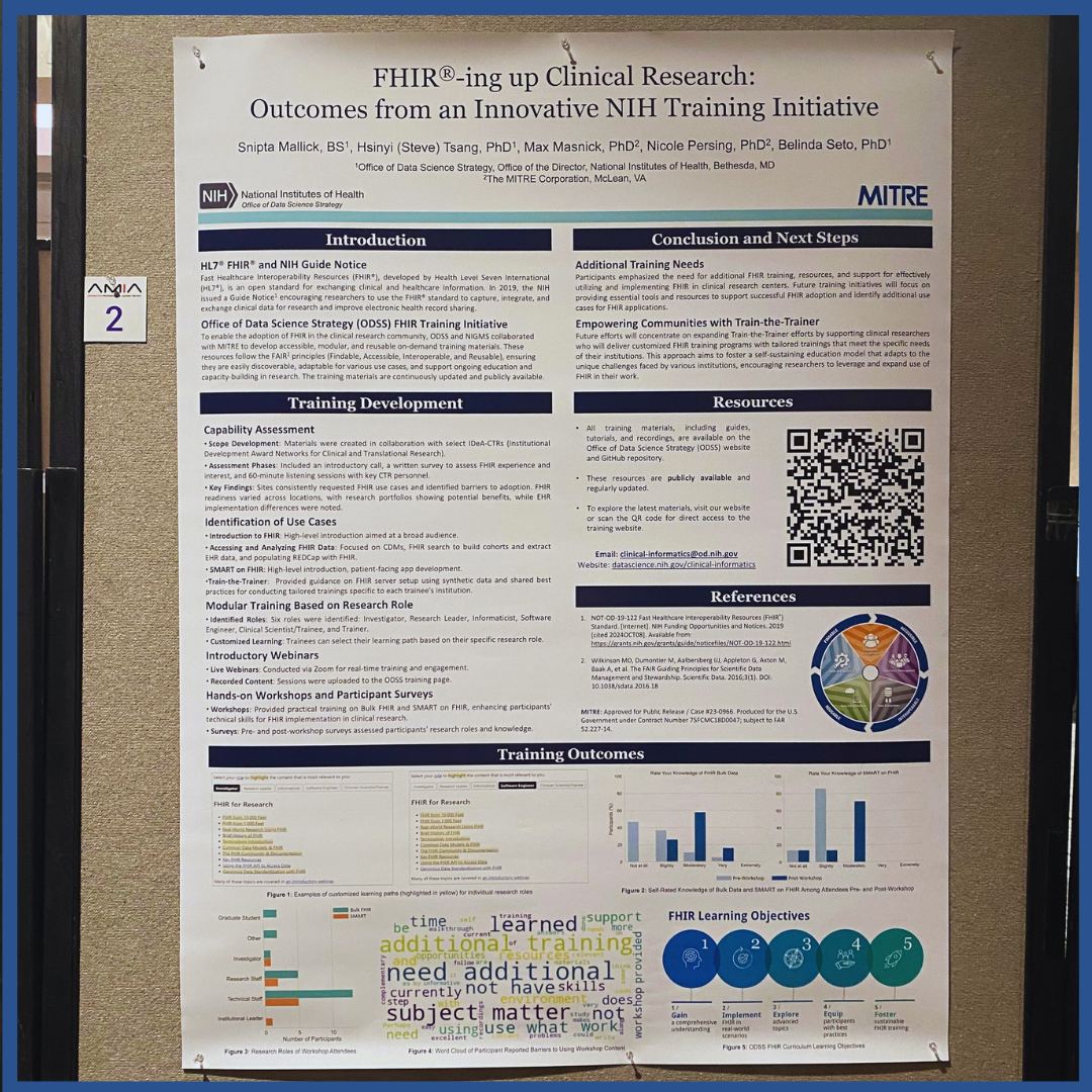 A photo of the FHIR®-ing up Clinical Research: Outcomes from an Innovative NIH Training Initiative poster on a display board at the AMIA Annual Symposium