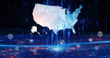Visual representation of data within a map of the United States surrounded by health- and data-related icons.