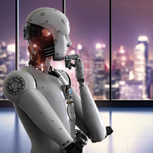 AI android overlooking a cityscape