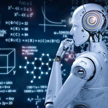 Artificial Intelligence robot thinking in front of scientific figures