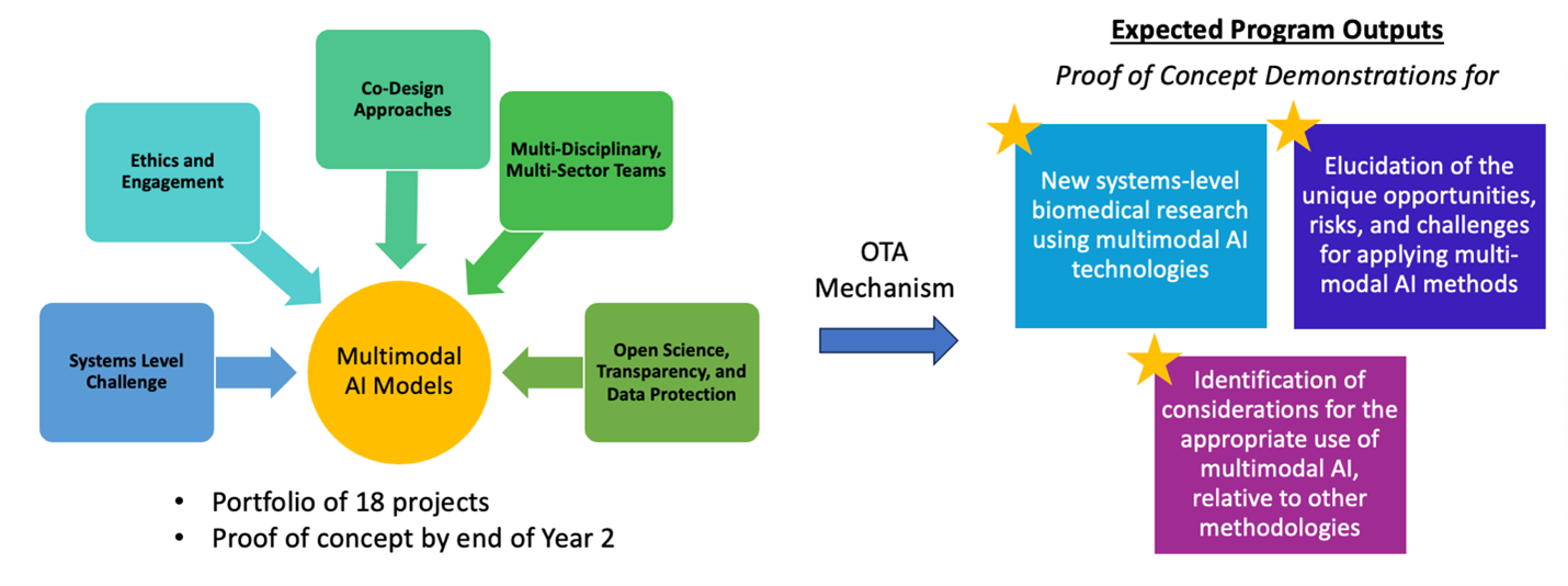 Diagram showing expected program outputs for advancing health research through multimodal AI. Multimodal AI models are informed by ethics and engagement, co-design approaches, multidisciplinary teams, open science and data protection, and systems-level challenges. Through an OTA mechanism, the program produces proof-of-concept demonstrations including new systems-level biomedical research using multimodal AI, clarification of opportunities and risks, and identification of appropriate use considerations compared to other methodologies.