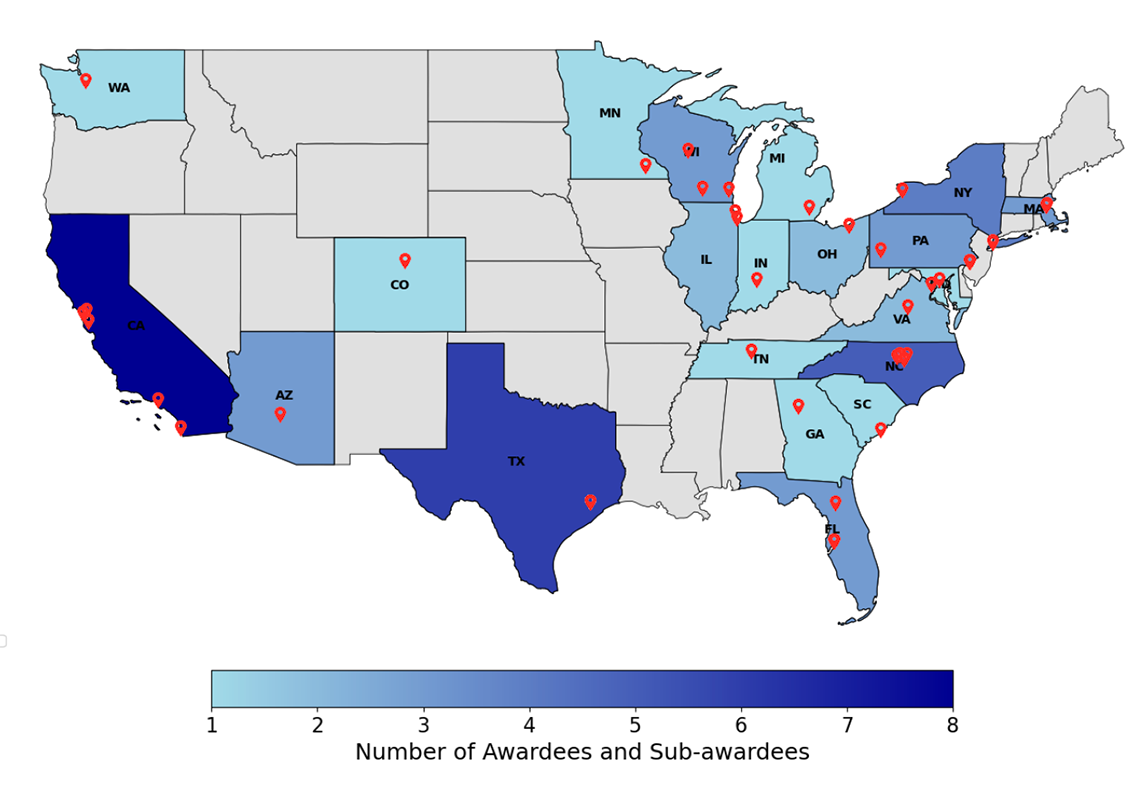 U.S. map of Multimodal AI Awards, showing states shaded in a blue gradient based on the number of awardees and sub‑awardees, from light blue (1) to dark blue (8). States with higher counts include California, Texas, New York, Pennsylvania, and Georgia. Red location markers indicate specific awardee locations within those states. A legend at the bottom displays the numeric scale from 1 to 8.