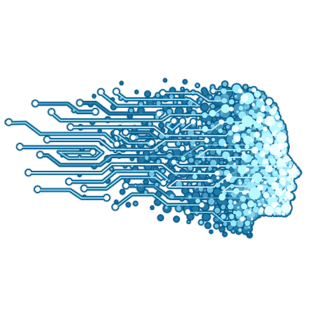 humanoid silhouette made of dots that turn into circuit board like hair to represent artificial intelligence