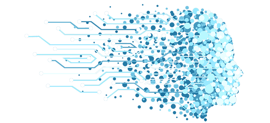 Face made of digital particles as symbol of artificial intelligence and machine learning. Hair flows into circuit board.