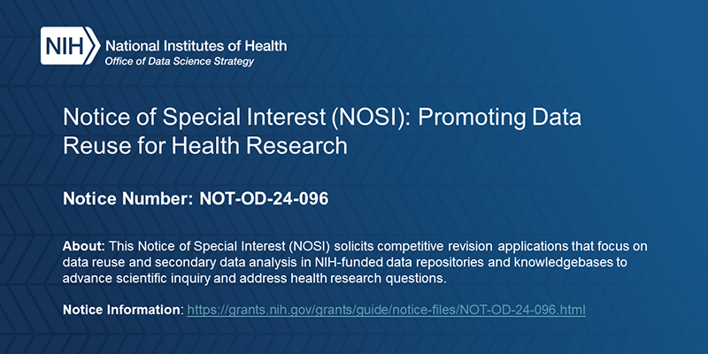 This Notice of Special Interest (NOSI) solicits competitive revision applications that focus on data reuse and secondary data analysis in NIH-funded data repositories and knowledgebases to advance scientific inquiry and address health research questions.